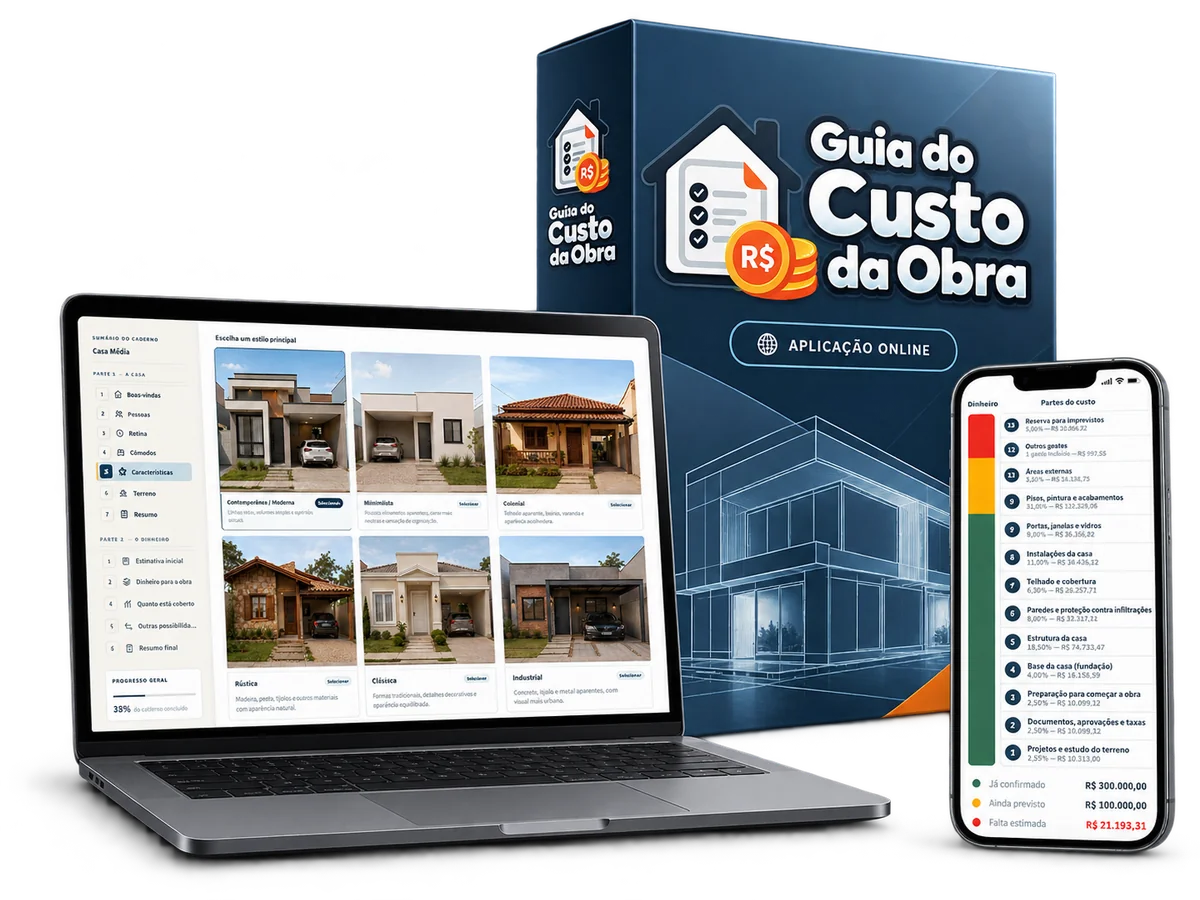 Guia do Custo da Obra apresentado em notebook, celular e embalagem da aplicação online