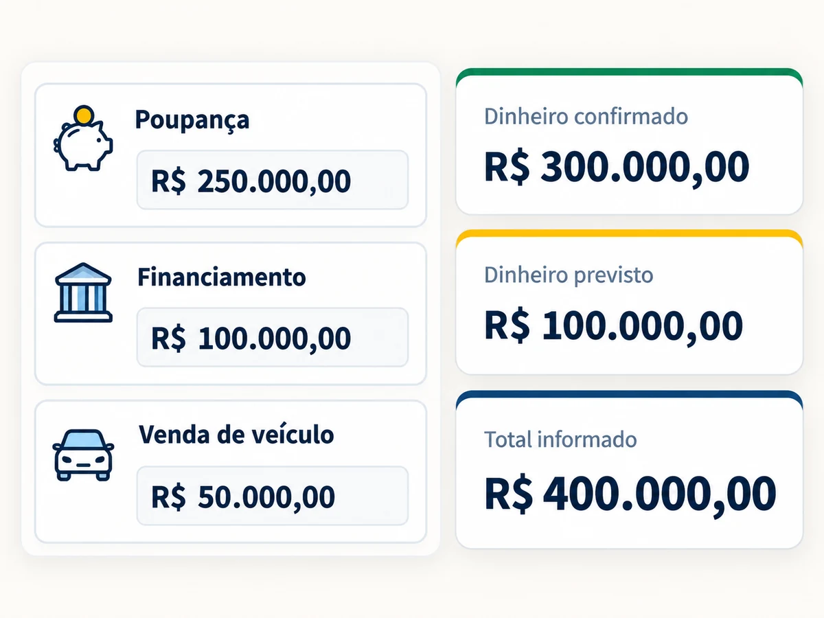 Poupança, financiamento e venda de veículo informados como recursos disponíveis ou previstos para a obra