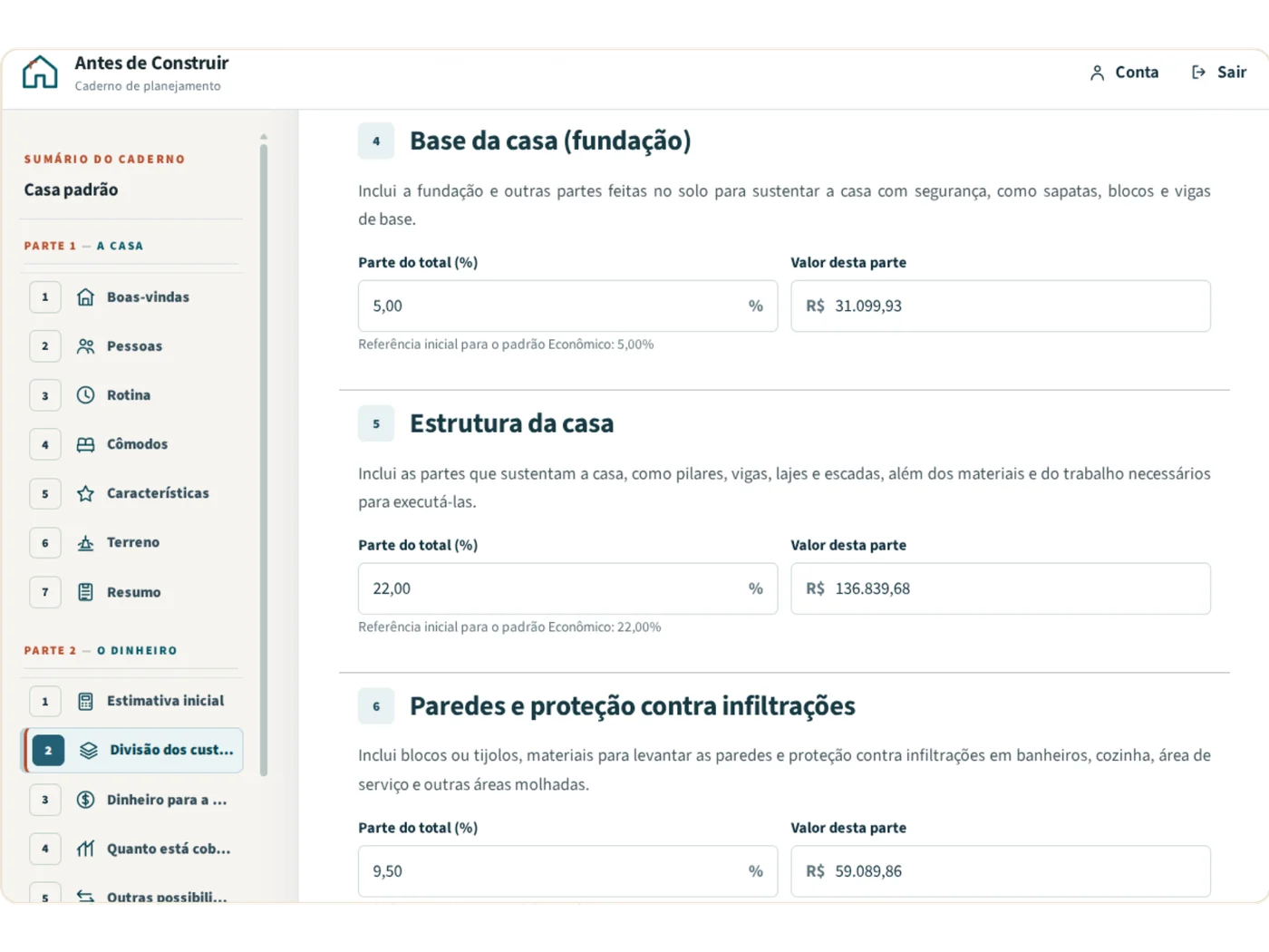 Tela com divisão estimada dos custos da construção