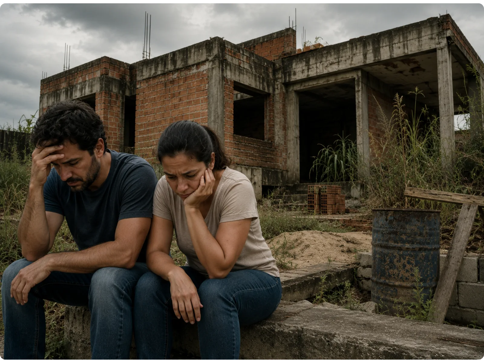 Casal preocupado diante de uma construção parada